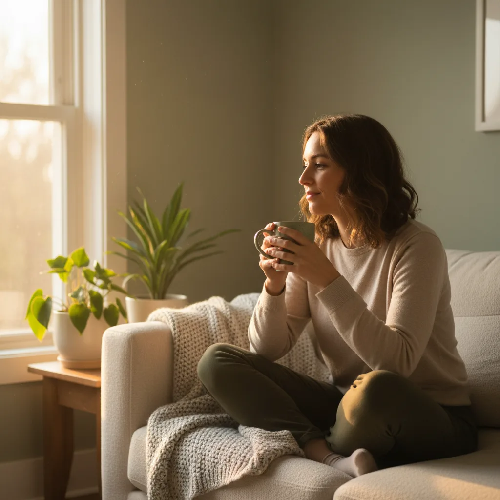 Person sitting quietly by a window with morning light, coffee in hand, calm and reflective