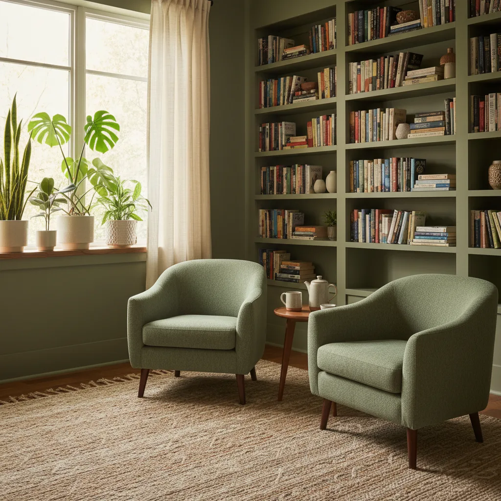 Warm therapy office with two chairs facing each other, soft natural lighting and plants