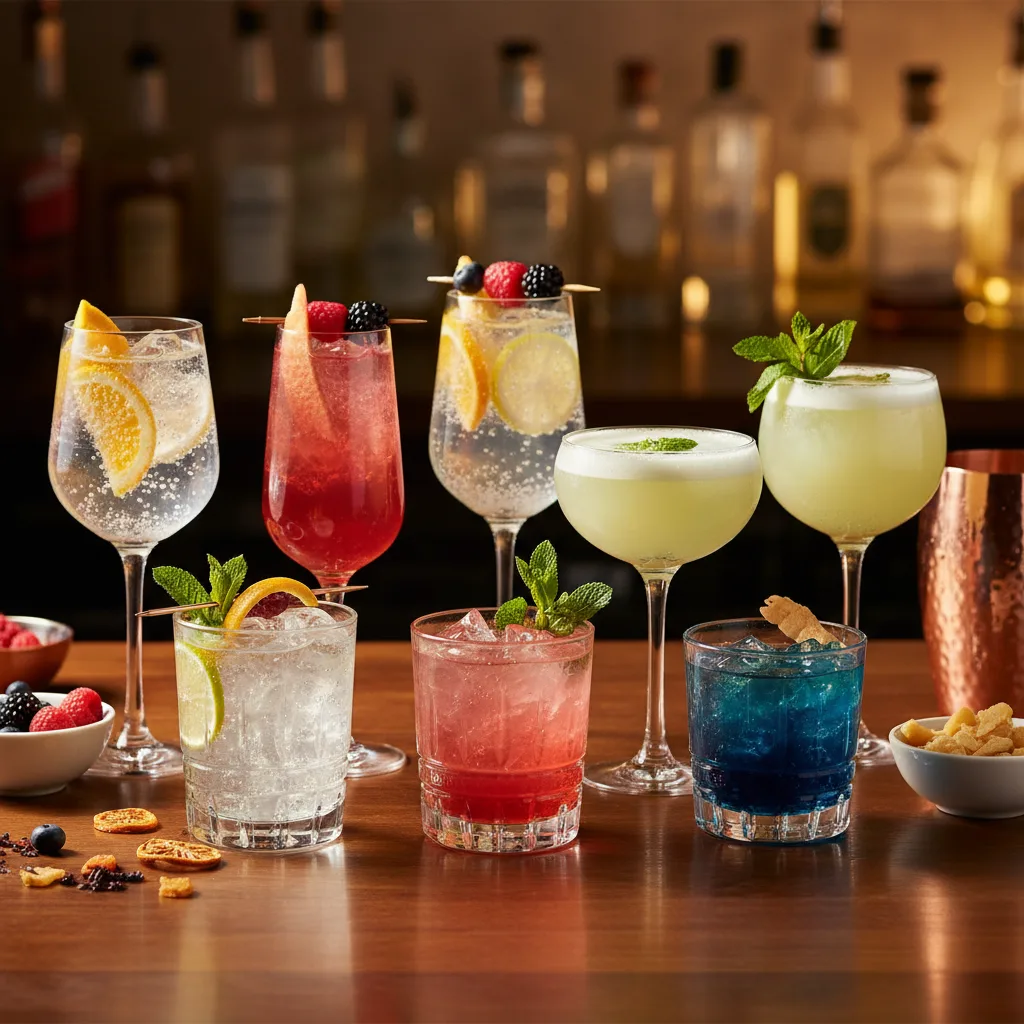 Elegant alcohol-free cocktails on a bar counter with fresh herbs and citrus garnishes