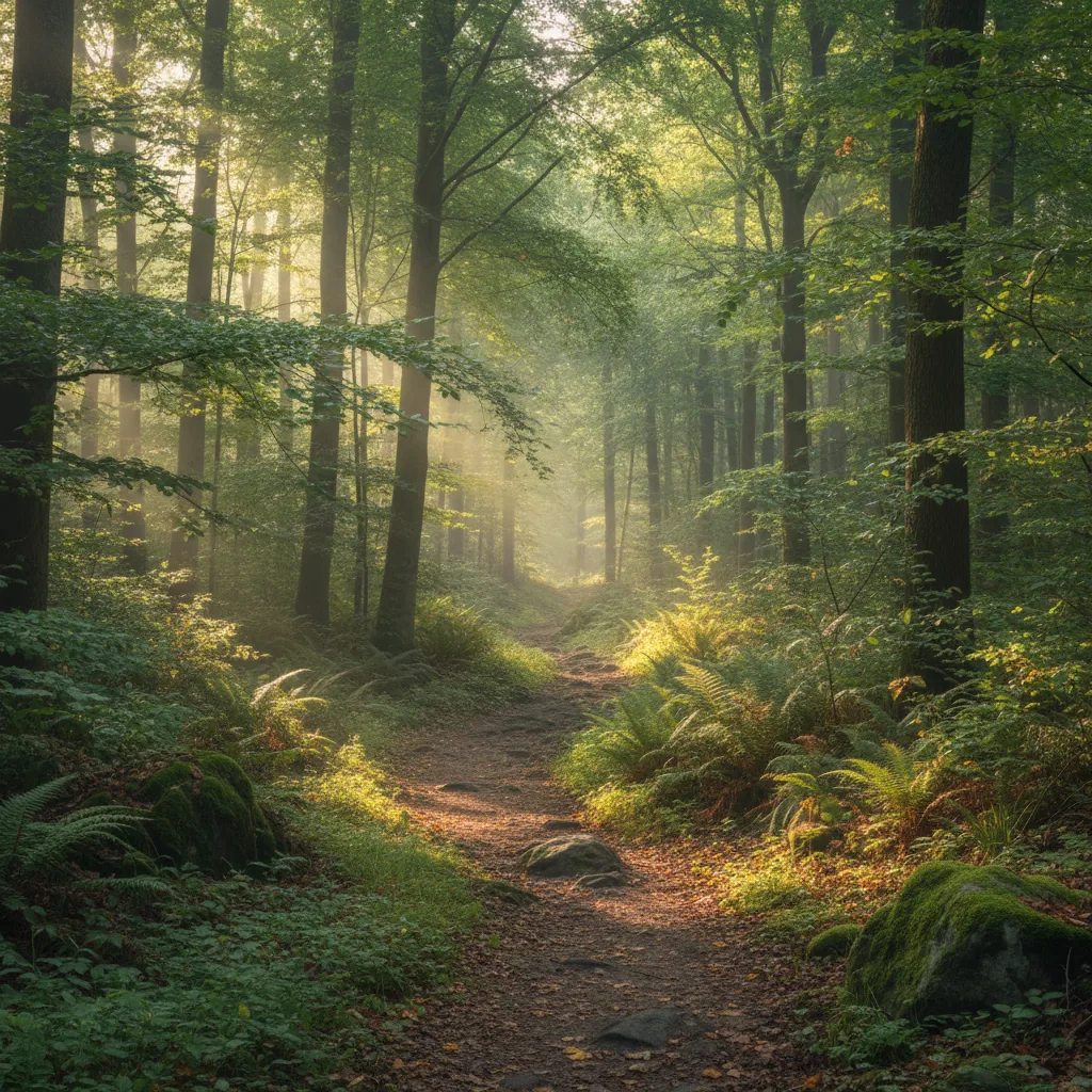 Serene forest path in morning light